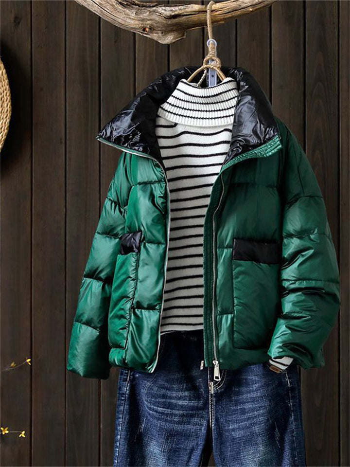 Trendy Stand Collar Contrast Color Puffy Down Coat