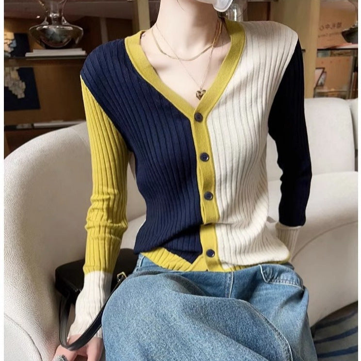 Ivyshape | Multicolor V-Neck Knitted Cardigan for Women