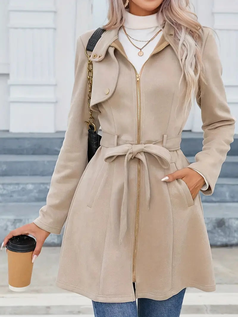 Ivyshape | Medium-length coat with zipper, stand-up collar and belt