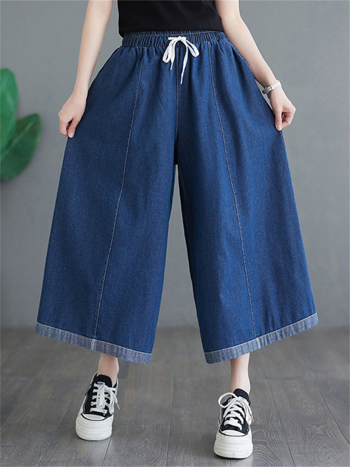 Female Simple Blue Big Size Wide Leg Denim Pants