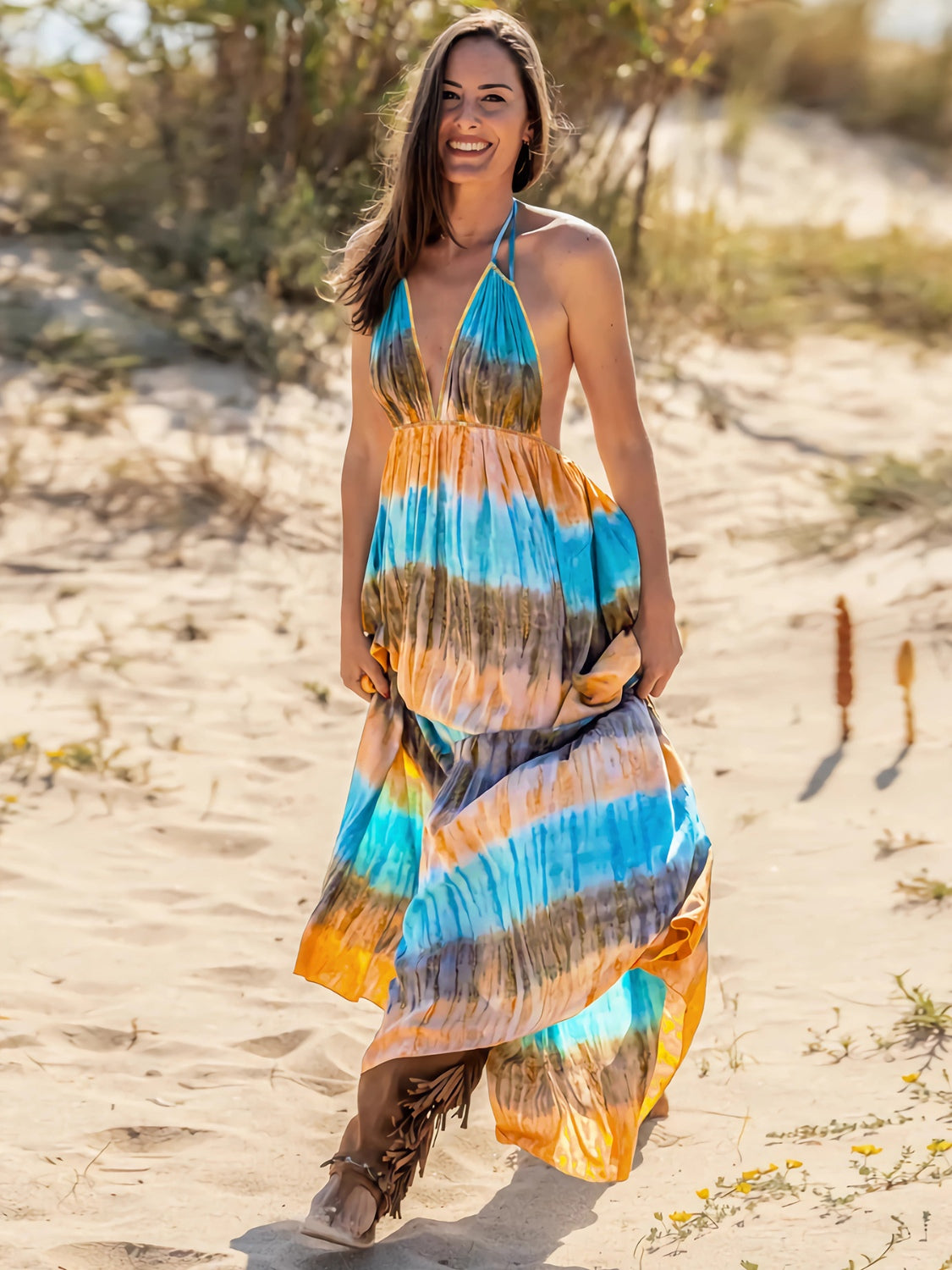 Ivyshape | Tie-Dye Halter Neck Sleeveless Dress