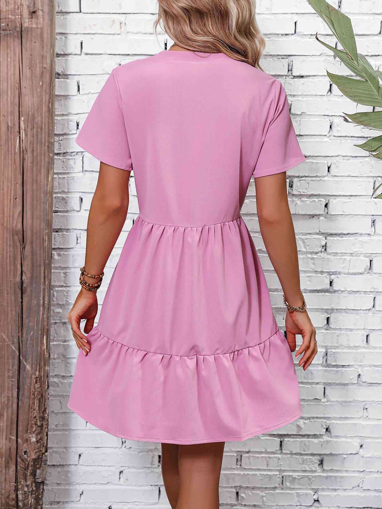 Short Sleeve Buttoned Tiered Dress