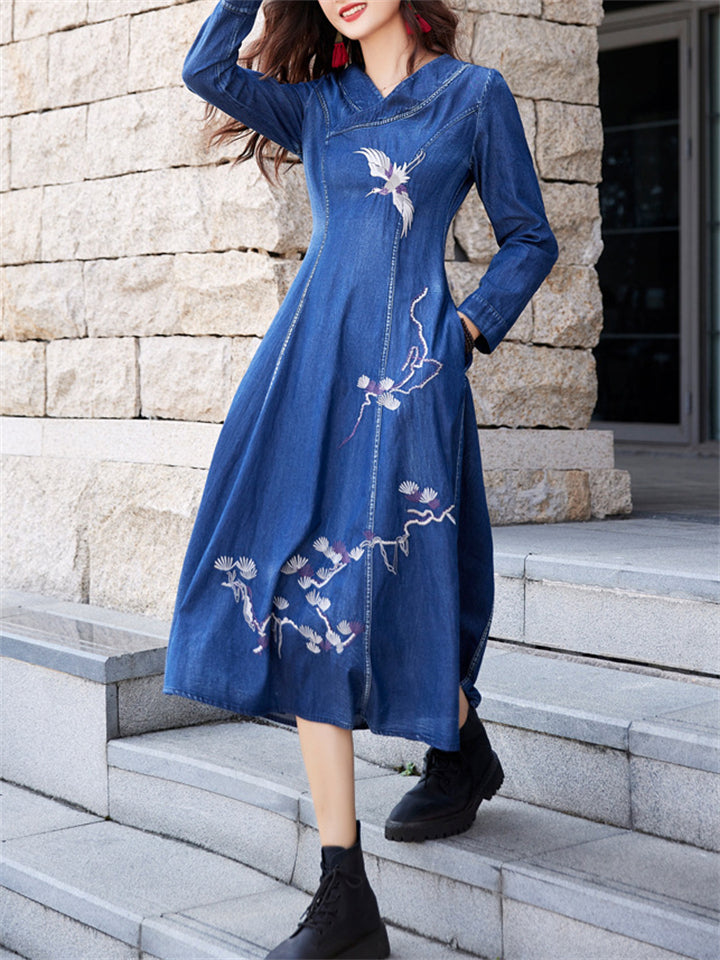 Flying Bird Embroidery V-Neck Blue Denim Dress