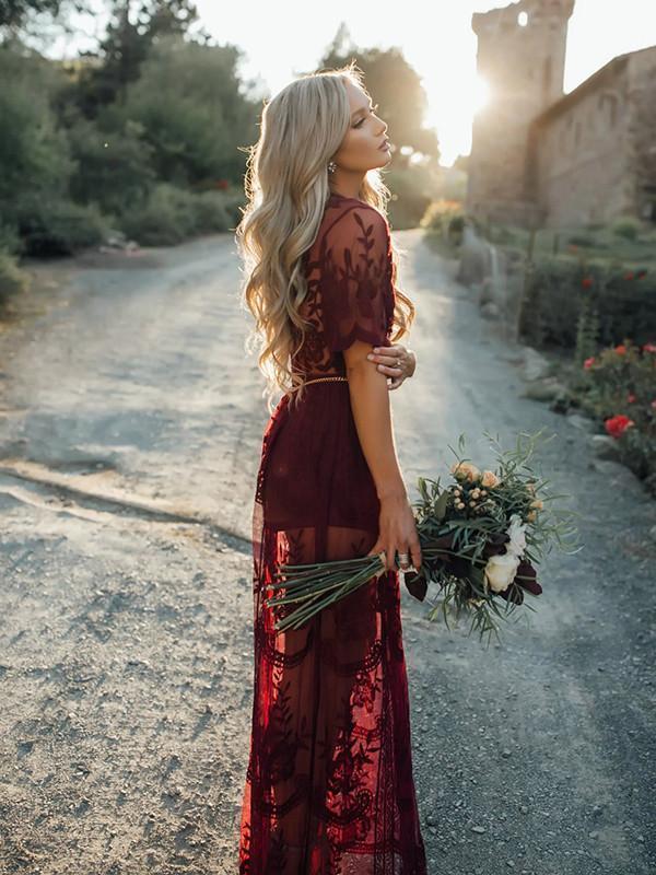 Sexy Lace Solid Color Short Sleeve Deep V Neck Side Split Maxi Dress