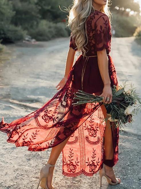 Sexy Lace Solid Color Short Sleeve Deep V Neck Side Split Maxi Dress