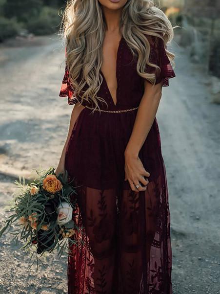 Sexy Lace Solid Color Short Sleeve Deep V Neck Side Split Maxi Dress