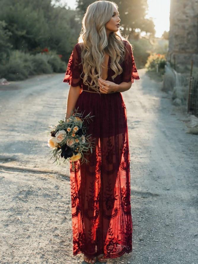 Sexy Lace Solid Color Short Sleeve Deep V Neck Side Split Maxi Dress