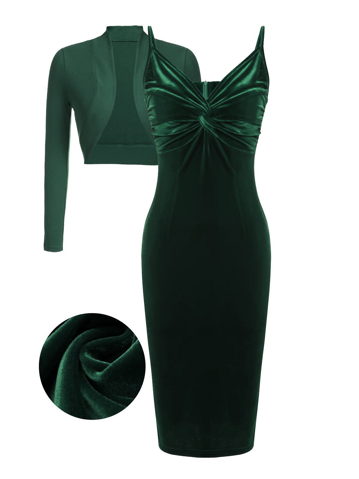 2PCS Green  Velvet Bodycon Dress