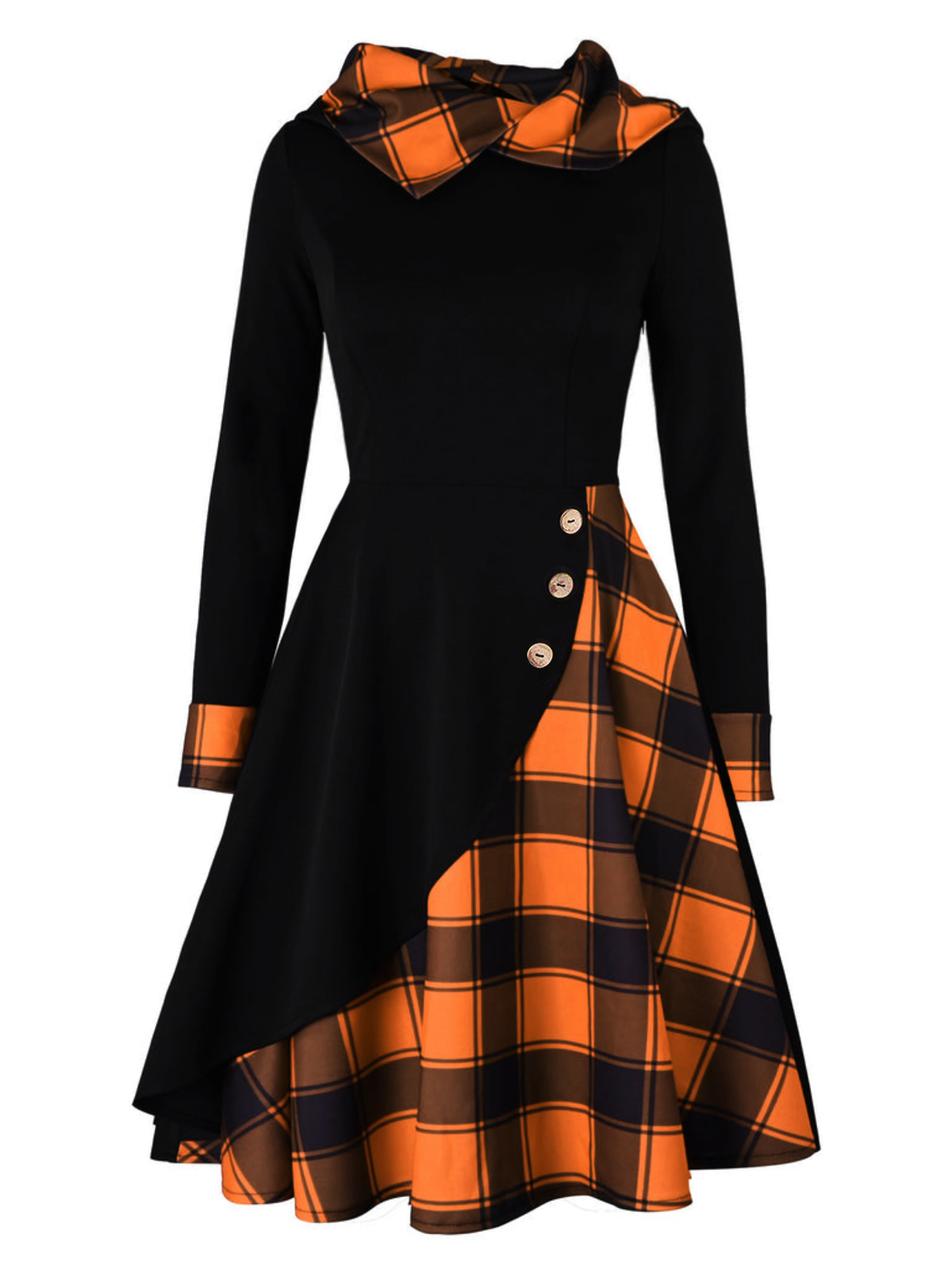 Orange Plaids Hooded Patchwork Dress