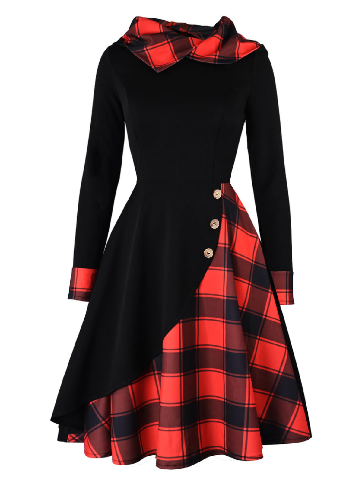 Black Plaid Hooded Button Dress