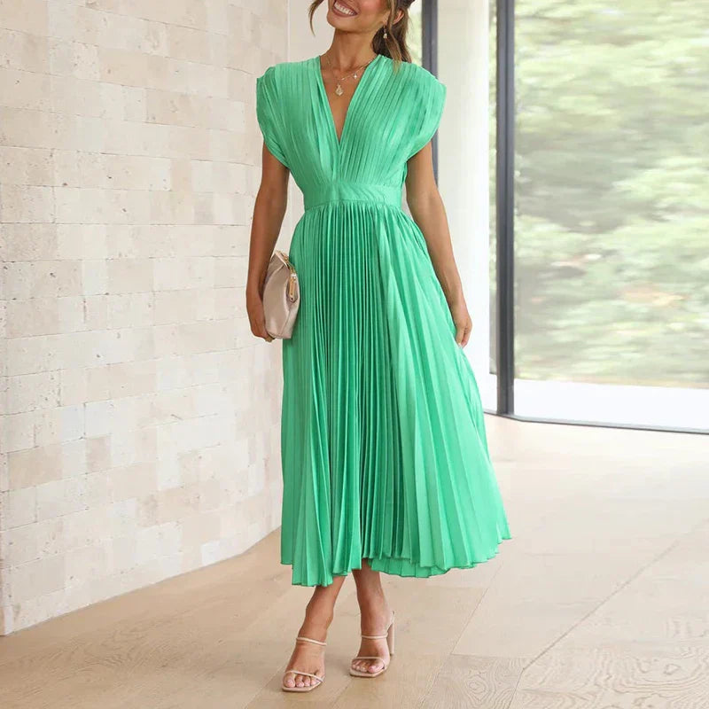 Ivyshape | Pleated V-Neck Midi Dress