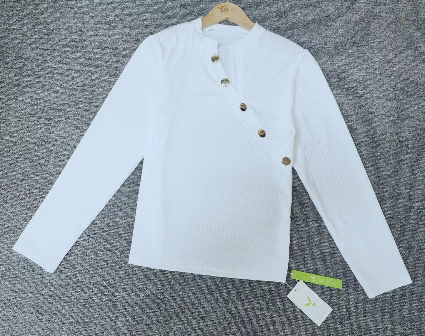 Ivyshape | White Asymmetrical Long-Sleeved Top with Button Placket