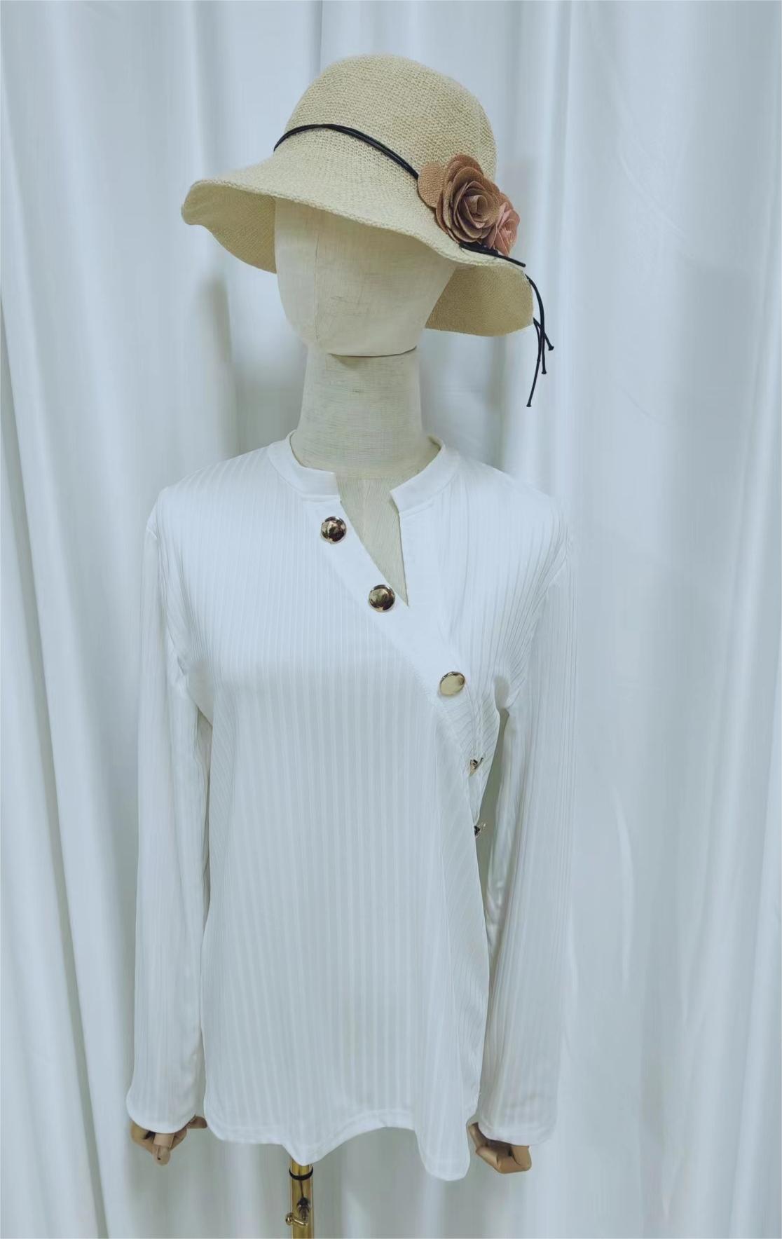 Ivyshape | White Asymmetrical Long-Sleeved Top with Button Placket