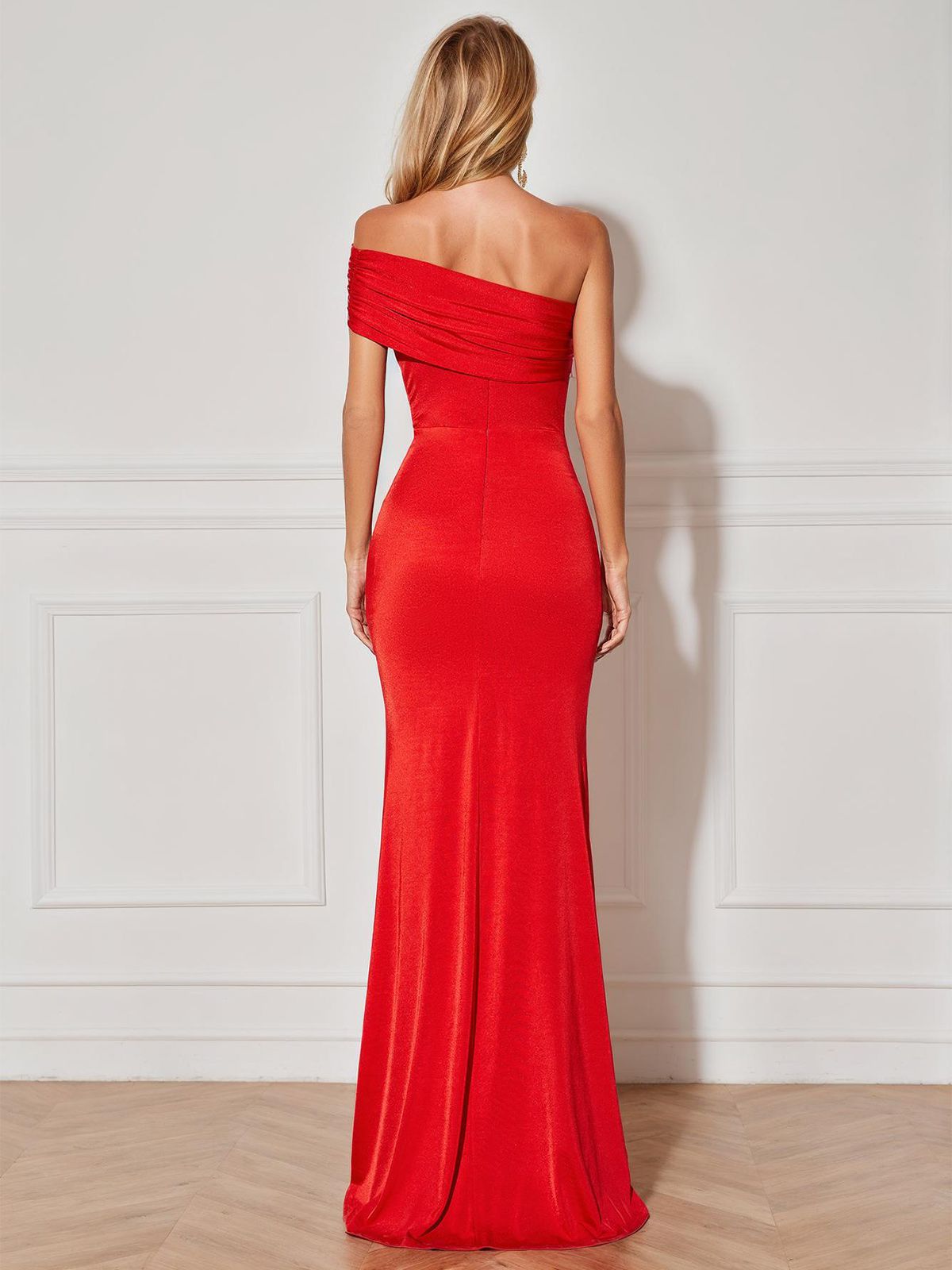 Red Solid One Shoulder Slit Dress