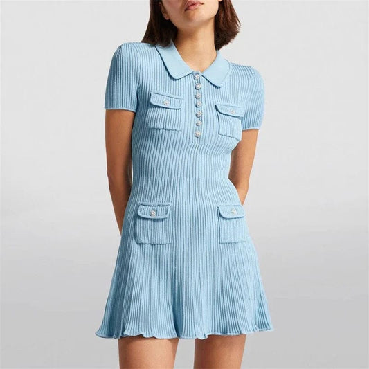 Summer Elegant Ribbed Mini Dress with Collar | Ideal for Summer