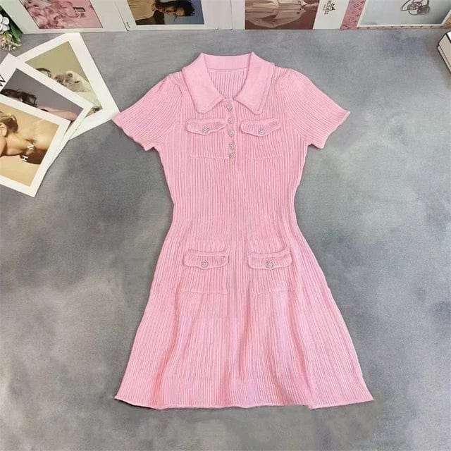 Summer Elegant Ribbed Mini Dress with Collar | Ideal for Summer