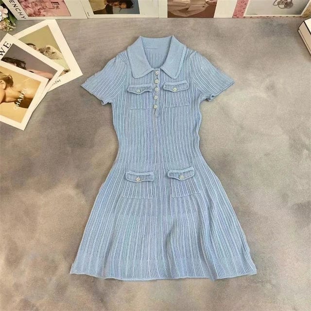 Summer Elegant Ribbed Mini Dress with Collar | Ideal for Summer