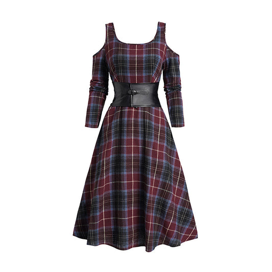 Ivyshape | Plaid Cold Shoulder Belted Midi Dress