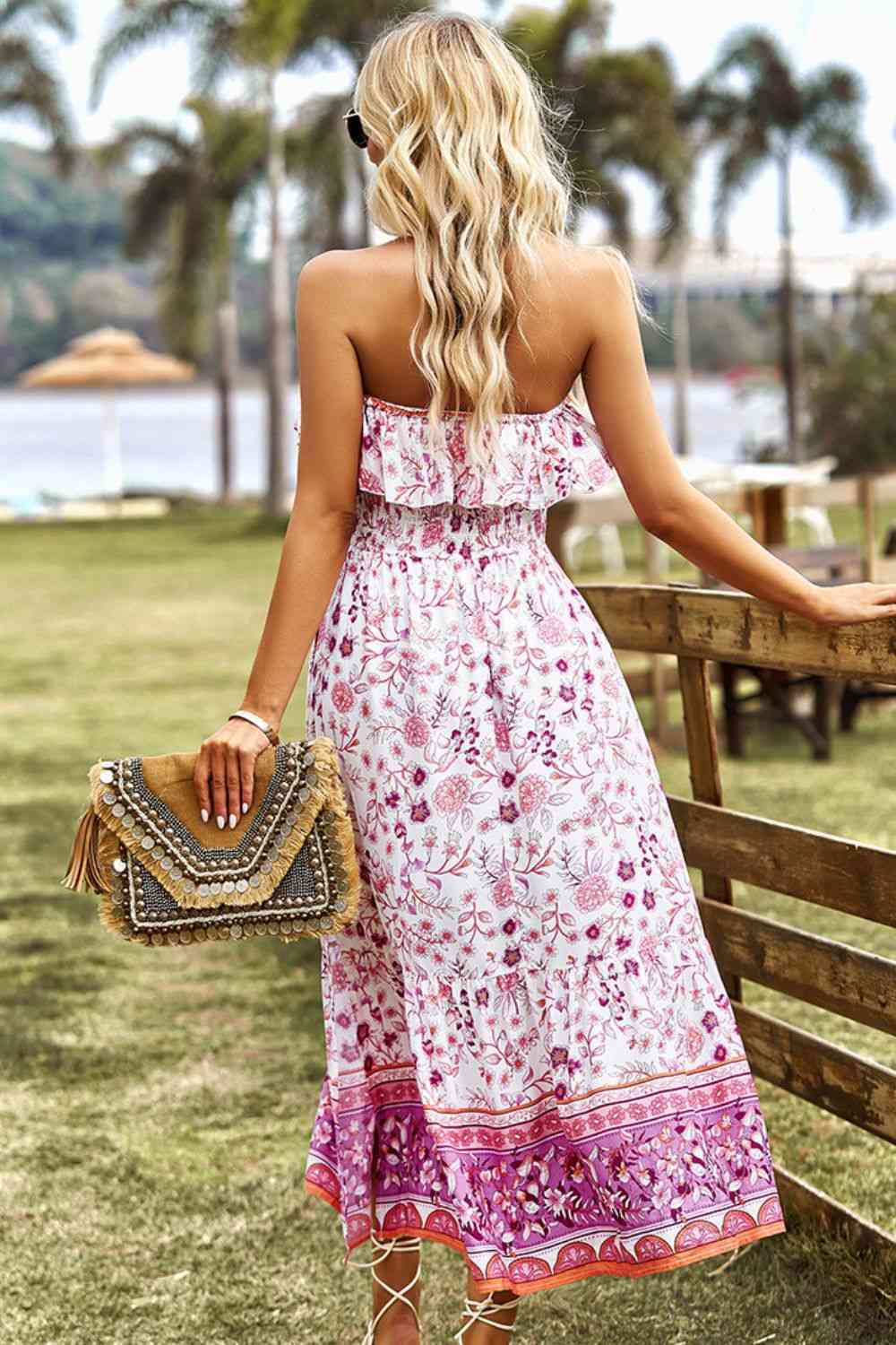 Bohemian Strapless Slit Midi Dress