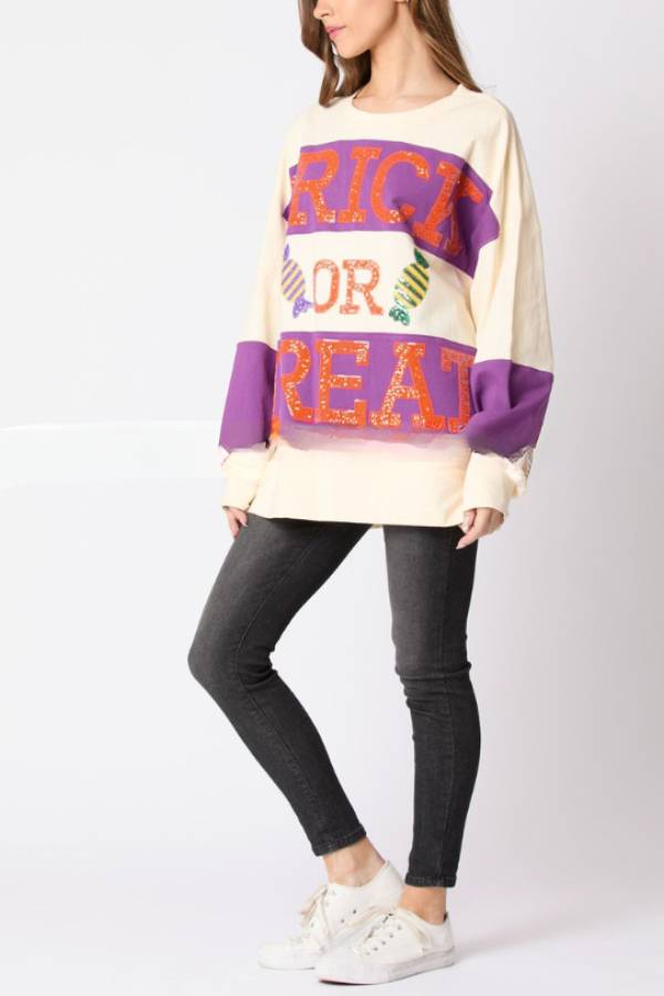 Ivyshape | Letter Sequined Colorblock Sweatshirt Casual Top