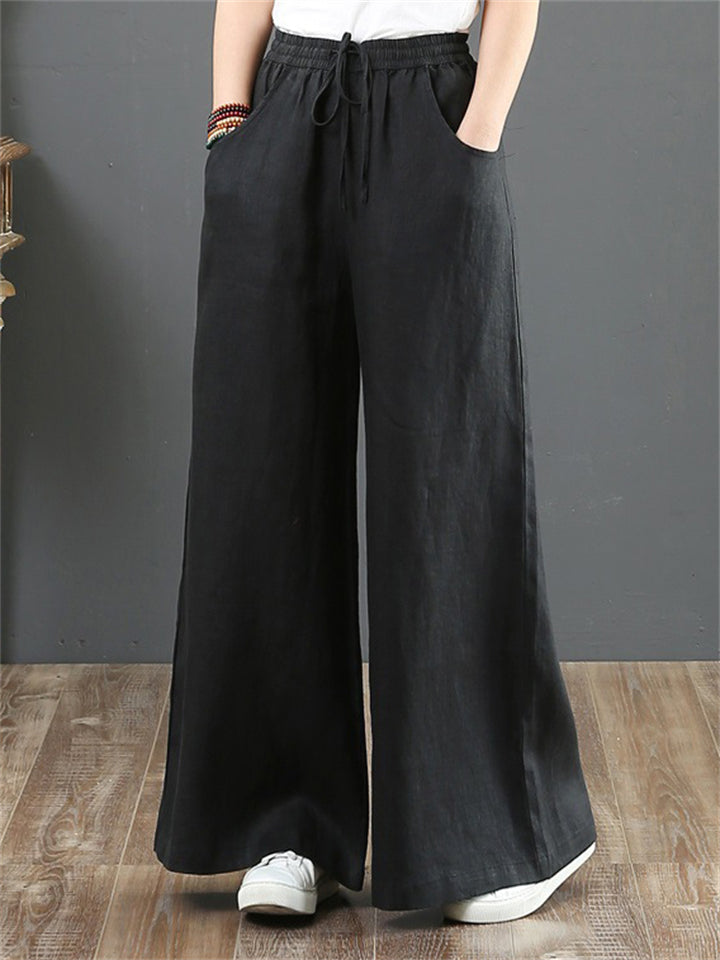 Women's Simple Linen High Waist Drawstring Wide Leg Pants