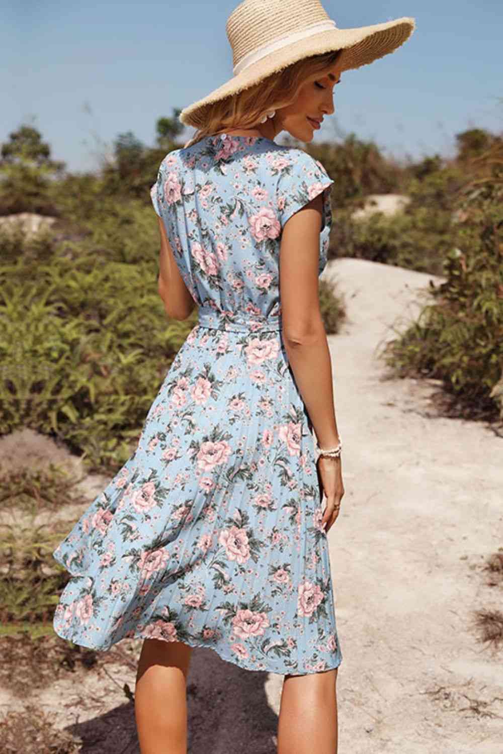 Floral Tie-Waist Pleated Dress