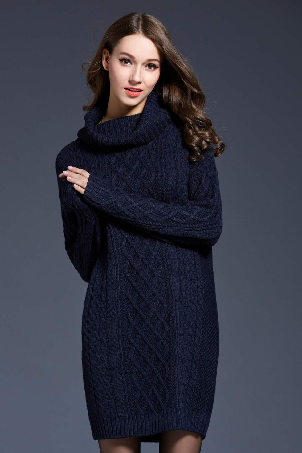 Ivyshape | Knit Cowl Neck Dropped Shoulder Sweater Dress