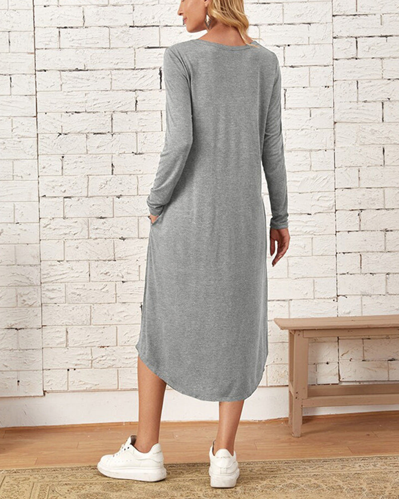 Summer Loose Midi Dress with Long Sleeves and Pocket | Ideal for Summer