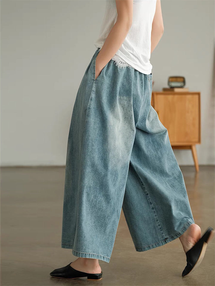 Women's Spring Summer Drawstring Plus Size Wide Leg Jeans