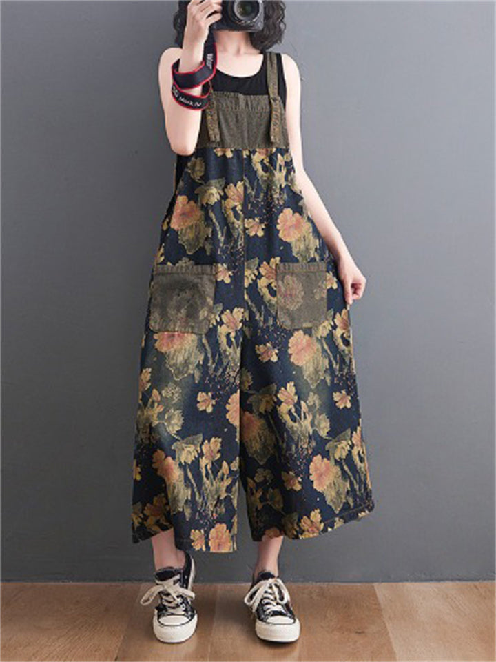 Summer Wide Leg Overalls Women's Floral Printed Denim Jumpsuits