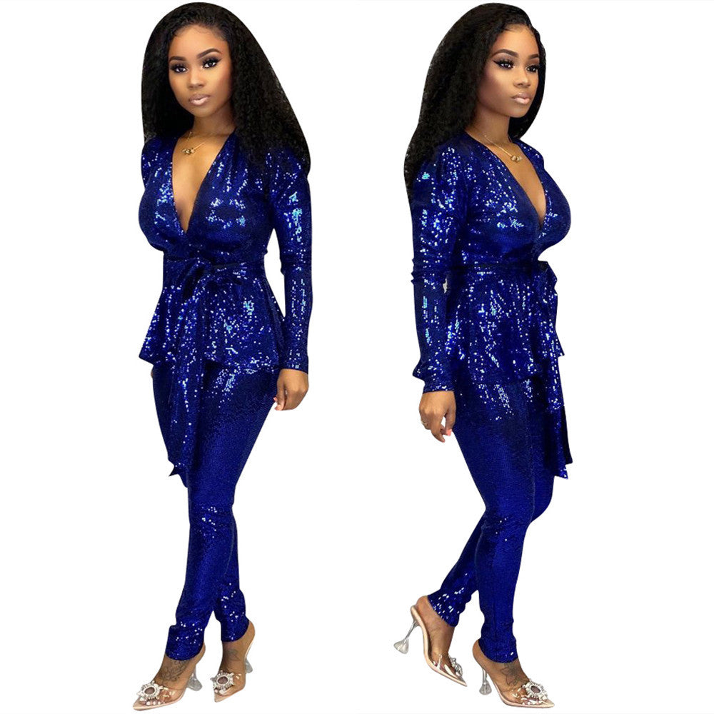 Ladies Elegant Jumpsuit with Glitter Details and Stylish Waist Belt Ivyshape