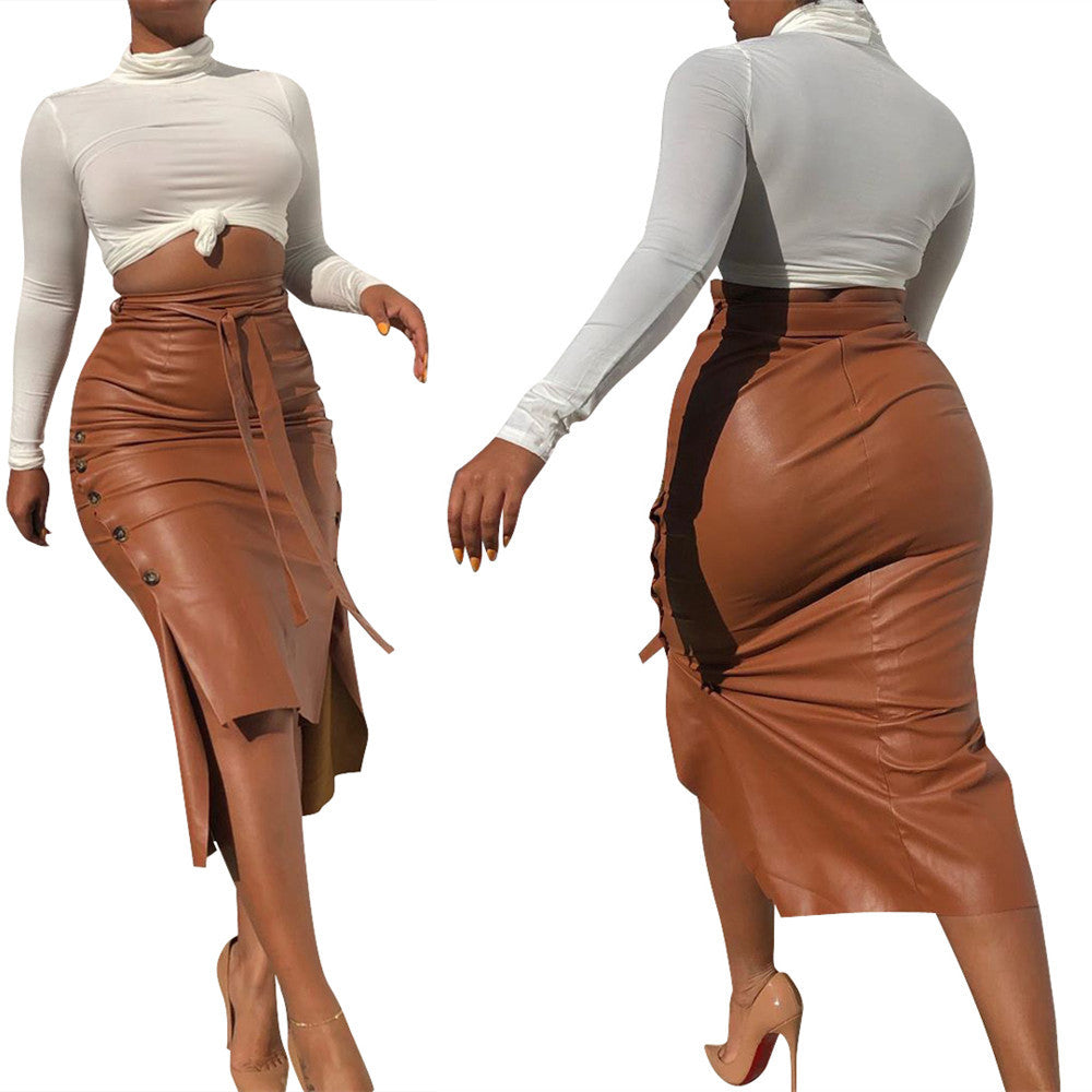 Ladies Elegant Pencil Skirt made of Faux Leather with Side Buttons and Waist Belt Ivyshape
