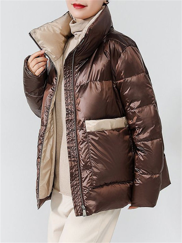 Trendy Stand Collar Contrast Color Puffy Down Coat