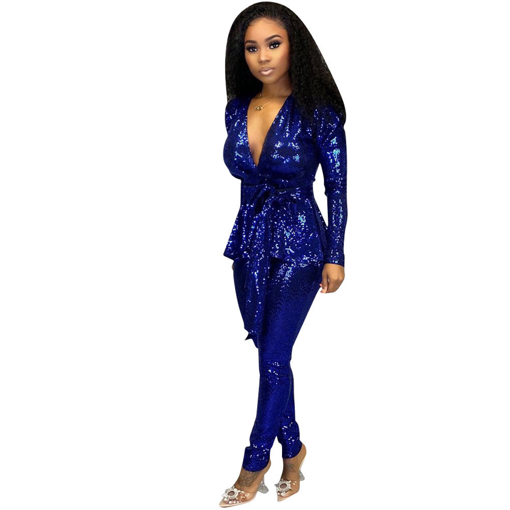 Ladies Elegant Jumpsuit with Glitter Details and Stylish Waist Belt Ivyshape