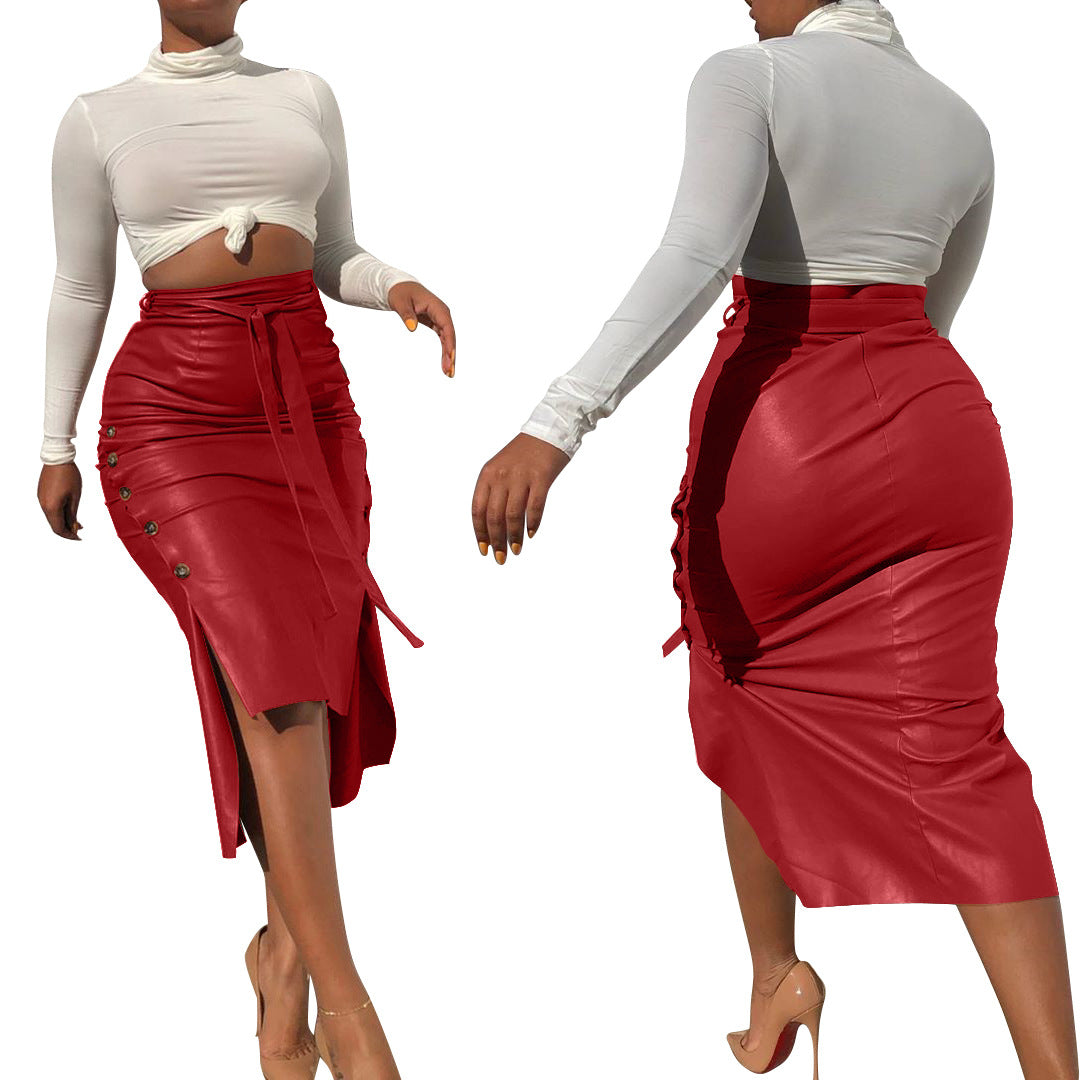 Ladies Elegant Pencil Skirt made of Faux Leather with Side Buttons and Waist Belt Ivyshape