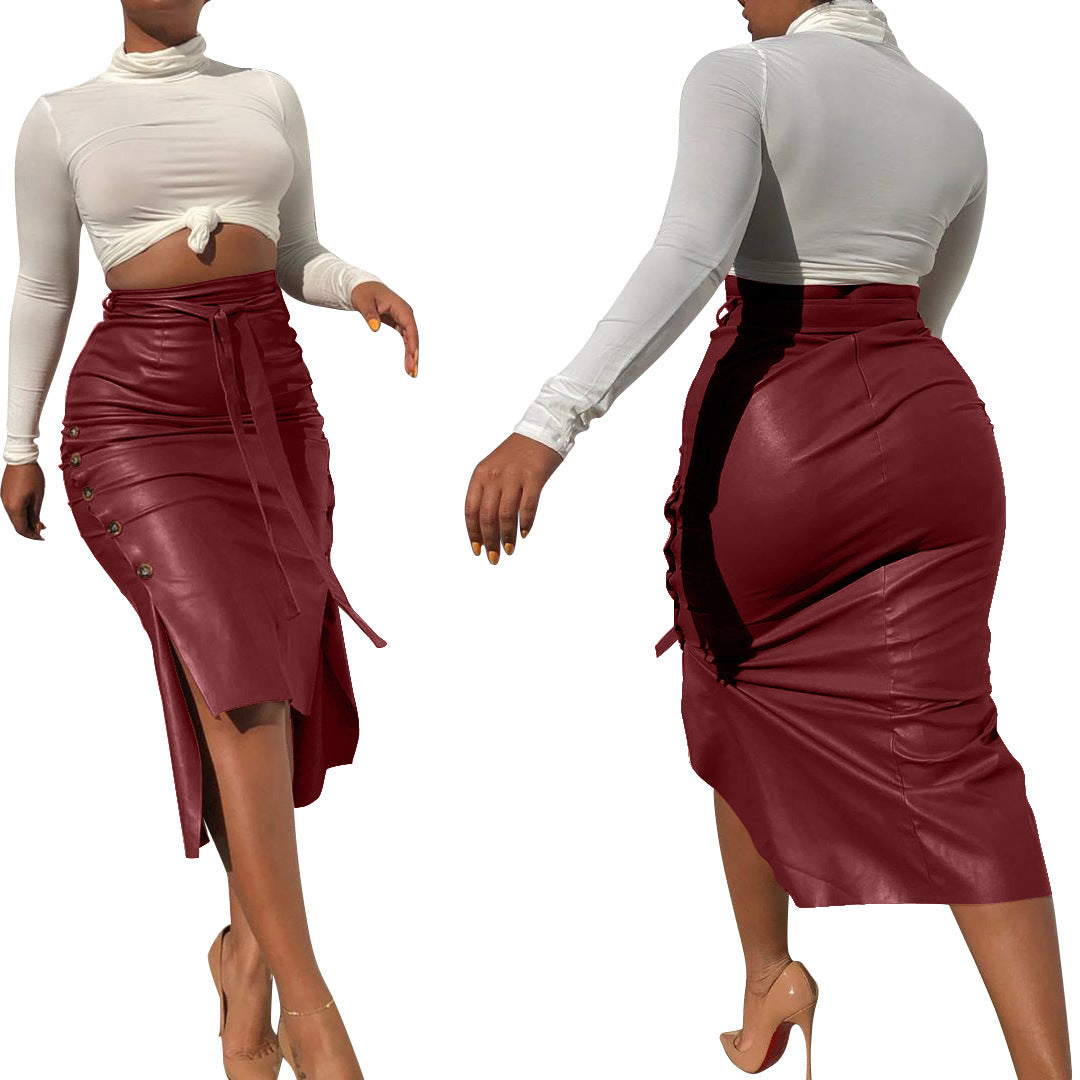 Ladies Elegant Pencil Skirt made of Faux Leather with Side Buttons and Waist Belt Ivyshape