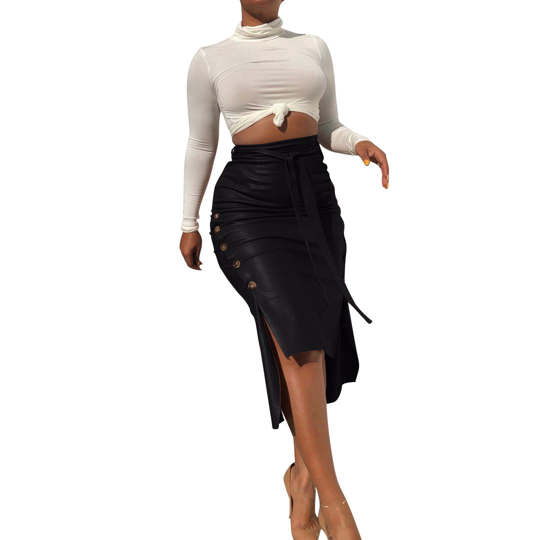 Ladies Elegant Pencil Skirt made of Faux Leather with Side Buttons and Waist Belt Ivyshape