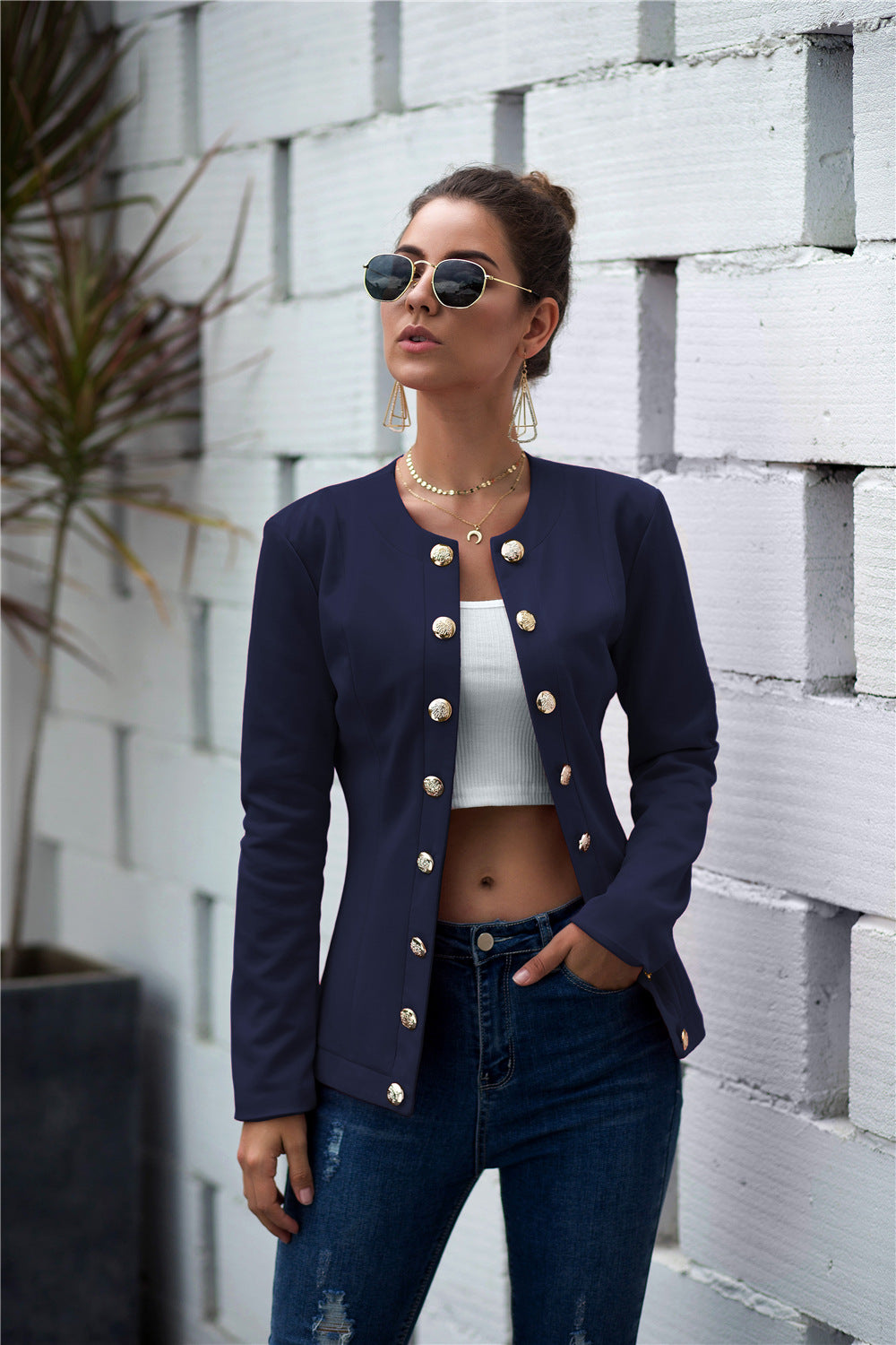 Ladies fashionable blazer with textured fabric and special button details Ivyshape