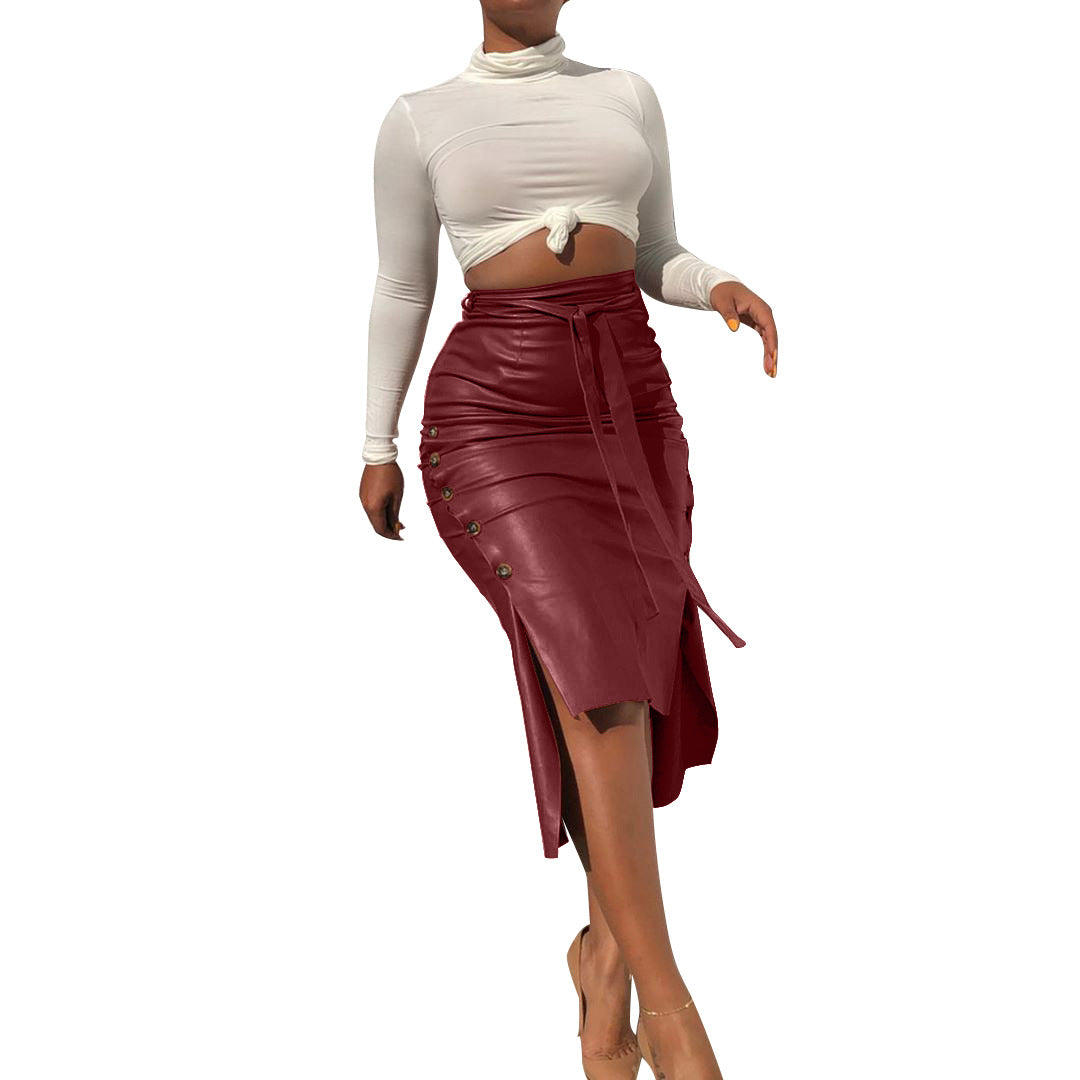 Ladies Elegant Pencil Skirt made of Faux Leather with Side Buttons and Waist Belt Ivyshape
