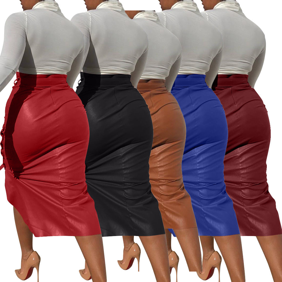 Ladies Elegant Pencil Skirt made of Faux Leather with Side Buttons and Waist Belt Ivyshape