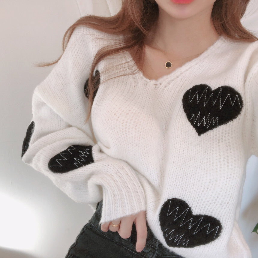 Ivyshape | V-Neck Heart-Shaped Embroidered Sweater Top