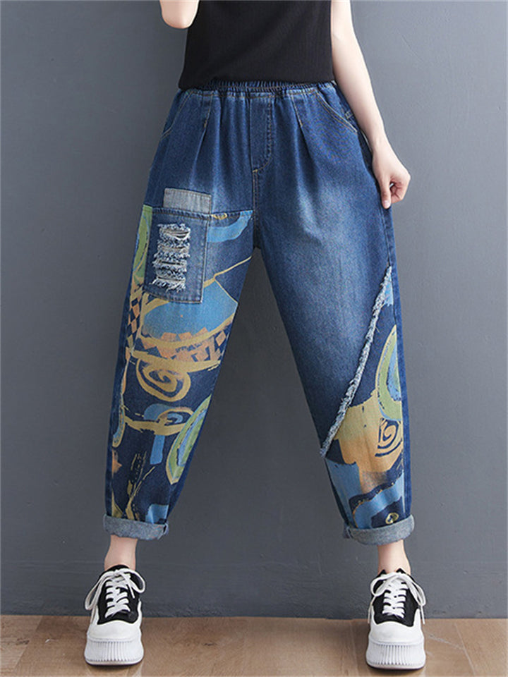 Trend Abstract Print High Rise Ripped Ladies Blue Jeans