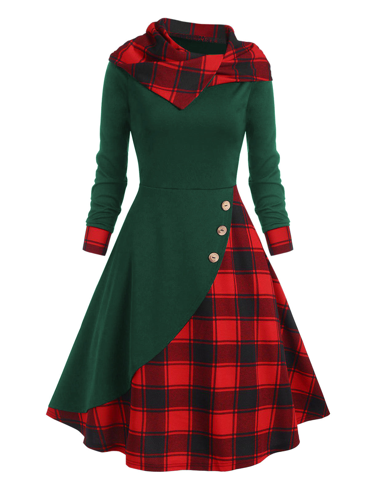 Black Plaid Hooded Button Dress