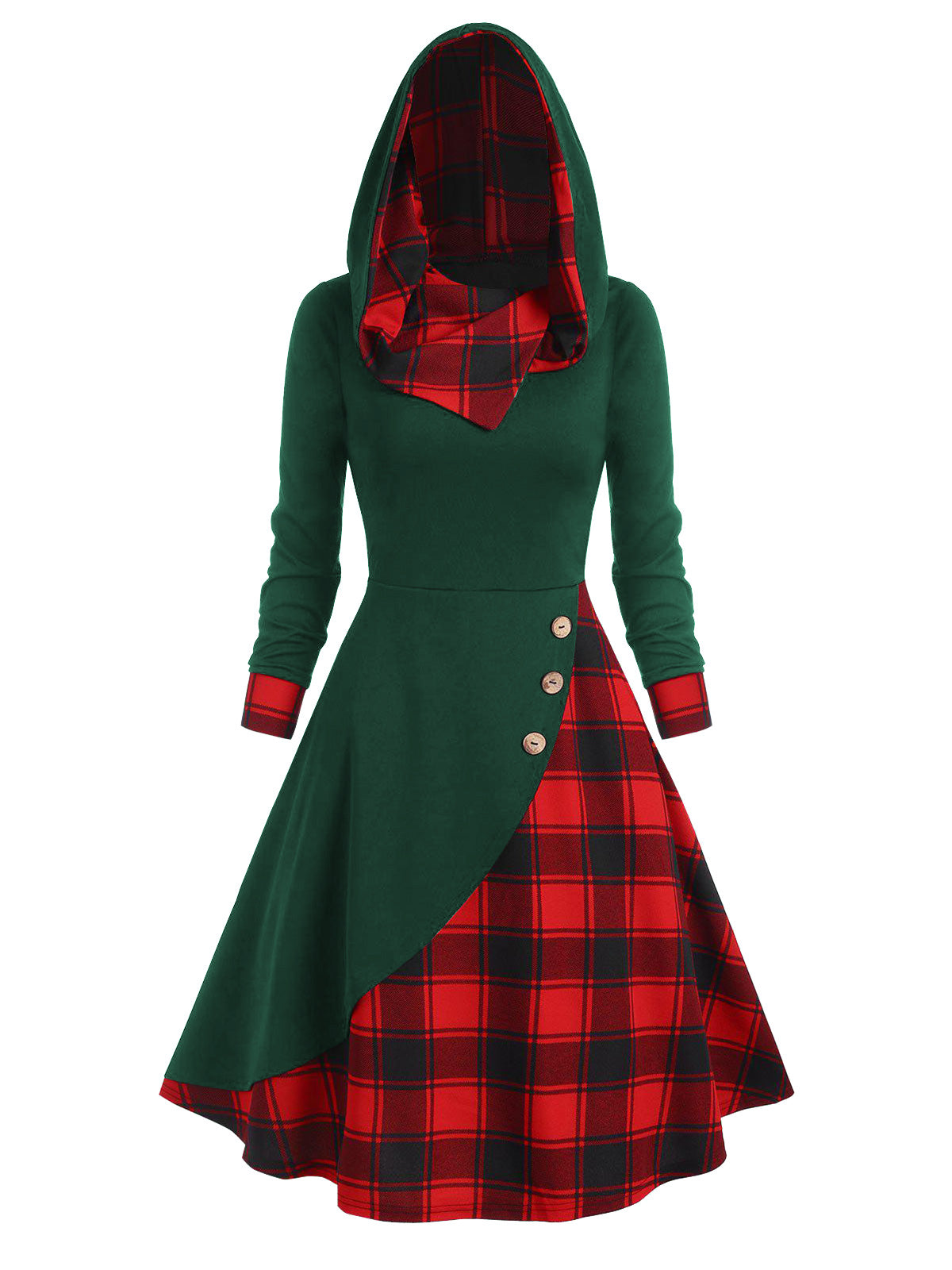 Black Plaid Hooded Button Dress