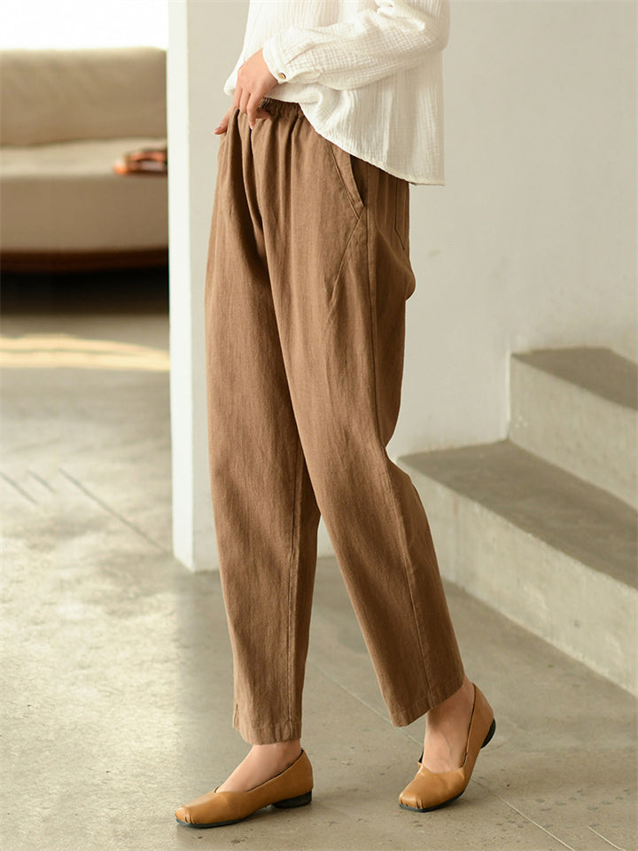 Women's Simple Cotton Linen Elastic Waist Straight-Leg Pants