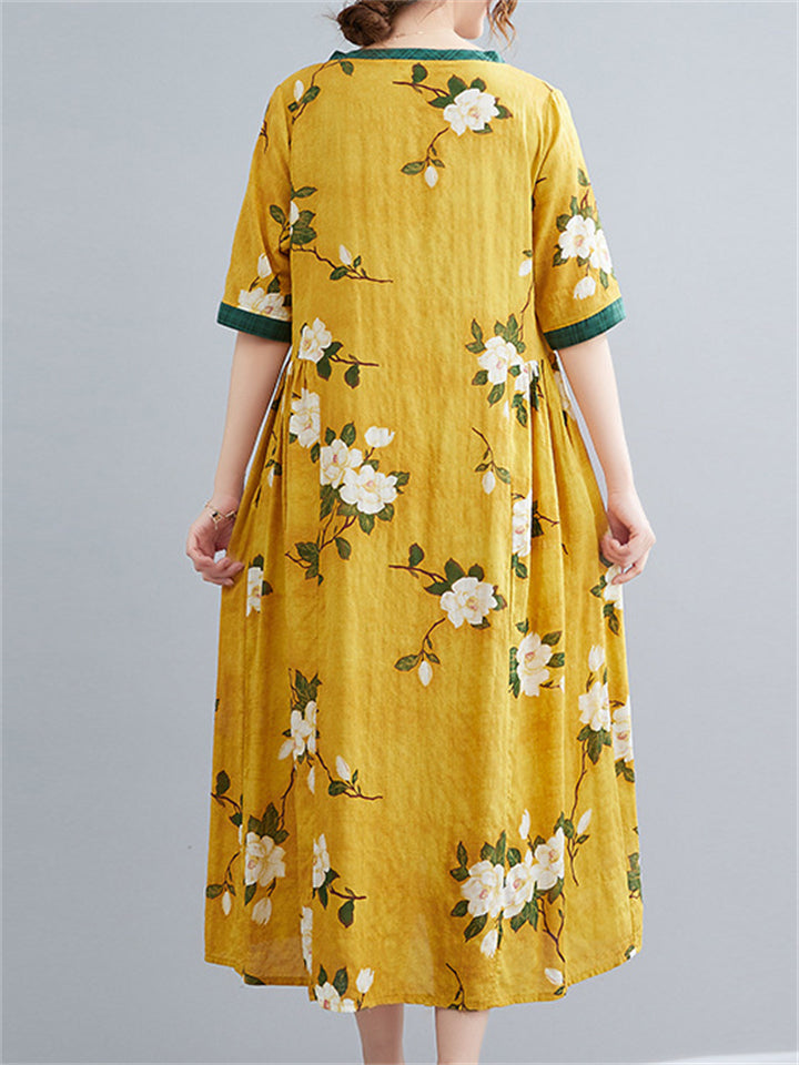 V Collar Gentle Floral Long Dresses For Lady