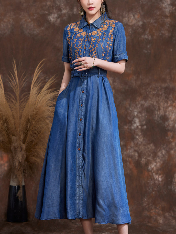 Orange Leaf Embroidery Lapel Button Blue Denim Dress