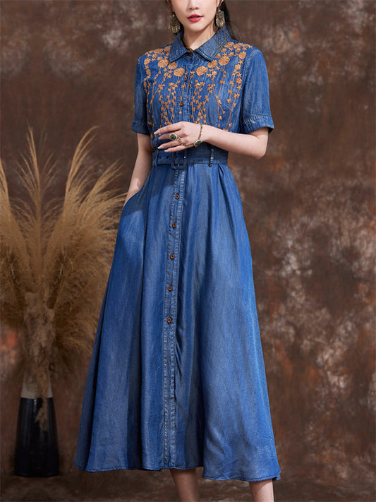 Orange Leaf Embroidery Lapel Button Blue Denim Dress