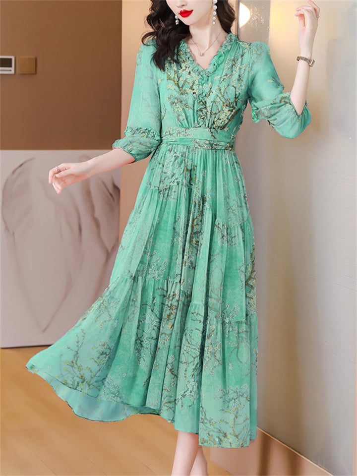 Women's Lace V Neck Puff Sleeve Silky Pleated Midi Dress