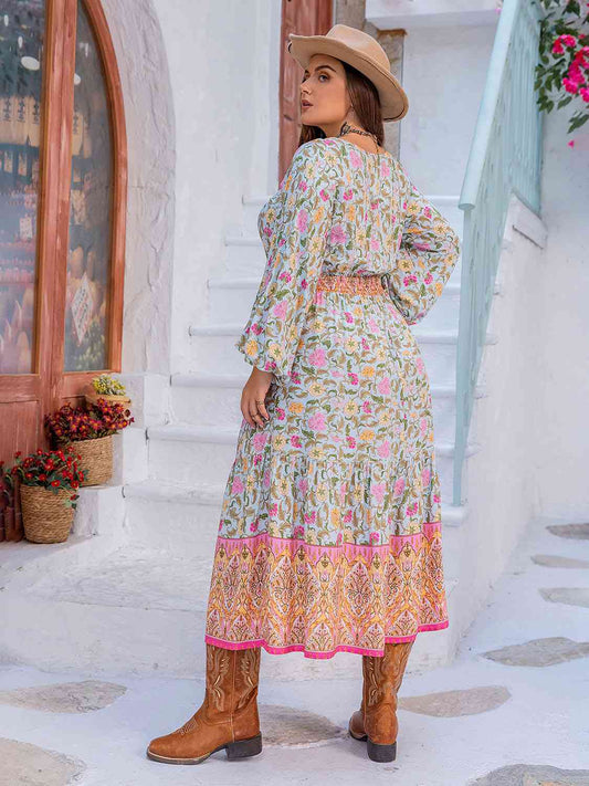 Plus Size Printed V-Neck Long Sleeve Dress